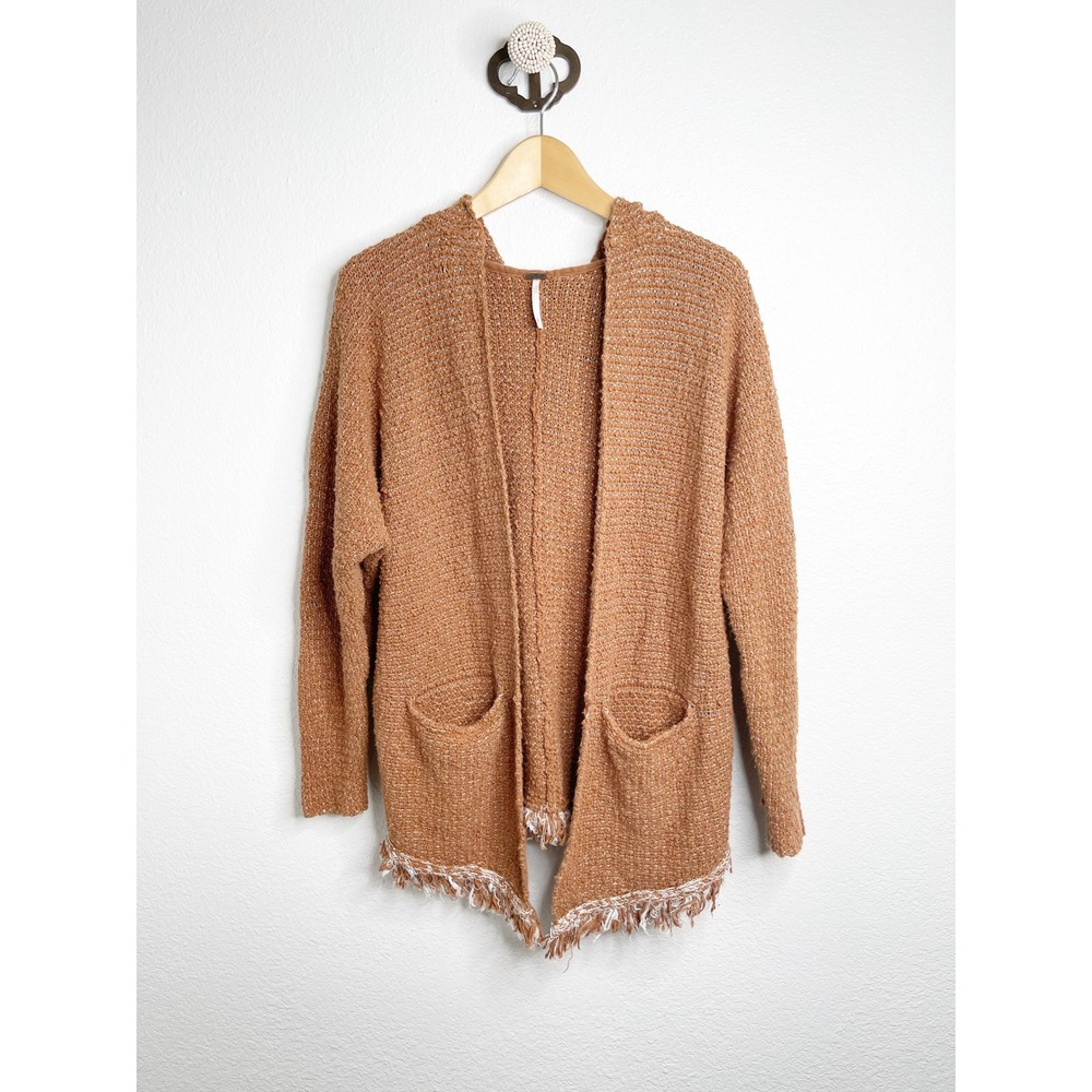 Free People Hooded Open Front Cardigan Fringed Hem Small Textured Knit Boho